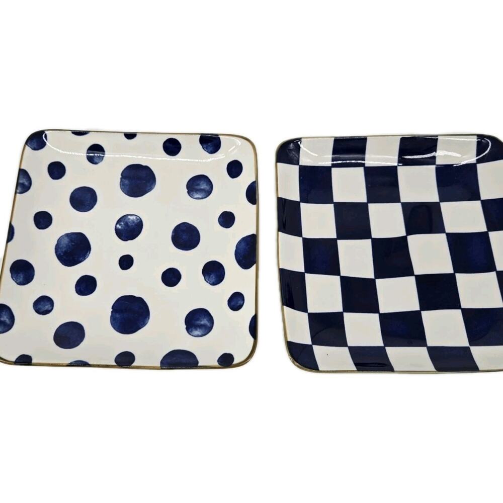 2 Over And Back Square Contemporary Appetizer Plates Polka Dot Checkered Blue